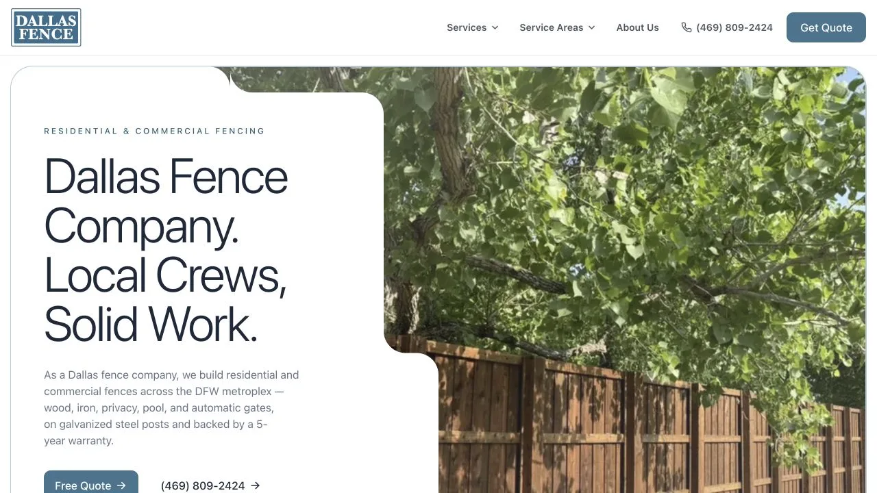 Dallas Fence website homepage designed by Nerds Web Design