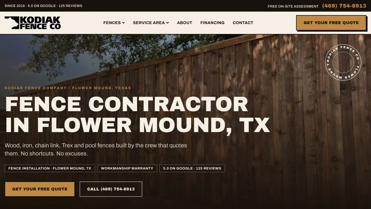 Kodiak Fence Company website homepage designed by Nerds Web Design