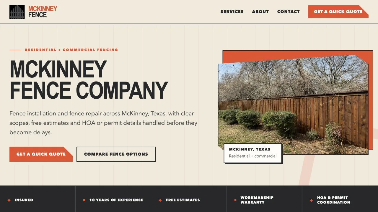 McKinney Fence website homepage designed by Nerds Web Design